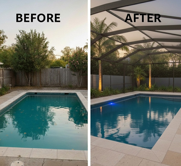 Before and after of pool cage addition and pool deck repair